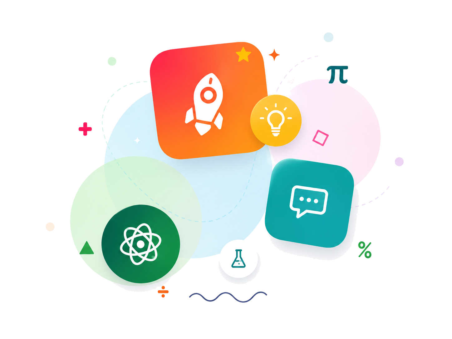 Skolvio learning graphics: rocket, atom, chat bubble, lightbulb and math symbols